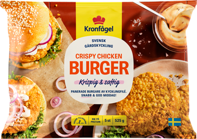 Kronfågel paket med crispy chicken burger, finns i frysdisken