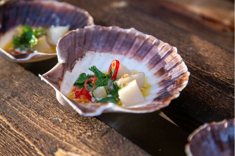 Hokkaidokammussla, MSC, Musselkött, Hokkaidokammusslan, Ochotska havet, Japan, eget skal, smörsås, grillcatering